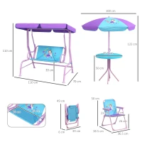 Outsunny 4PCs Kids Garden Furniture Set w/ 2 Seater Garden Swing Chair with Adjustable Canopy, Childrens Table and Chair Set with Parasol, for Toddler Girls 3-6 Years Old(m-3)