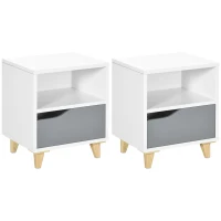 HOMCOM Set of 2 Modern Bedside Tables with Shelves, Drawers and Wood Legs, 36.8cm x 33cm x 43.8cm, White and Grey(m-1)