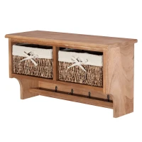 HOMCOM Entryway Coat Rack Wall Mounted Shelf w/ 2 Corn Husk Baskets and Hooks, Brown(m-8)