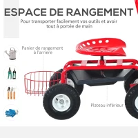 Outsunny 2 en 1 Tabouret pivotant Chariot Mobile de Jardin Charge Max. 150 Kg Rouge et Noir(m-4)