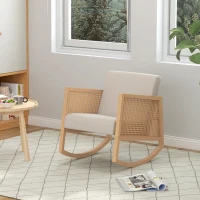 HOMCOM Fauteuil à bascule rocking chair design tissu effet lin accoudoirs cannage style bohème structure en d'hévéa gris clair(m-2)