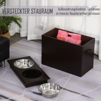 PawHut Futterstation, 2 Fressnäpfe aus Edelstahl, versteckter Stauraum, 60 cm x 30 cm x 41 cm, Schwarz + Silber(m-4)