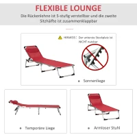 Outsunny Sonnenliege faltbar Gartenliege mit Kopfkissen Liegestuhl mit der 4-stufig verstellbaren Rückenlehne Campingliege bis 120 kg belastbar für Outdoor-Park, Garten, Rot(m-5)