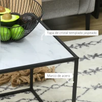 HOMCOM Conjunto de 2 Mesas Auxiliares Cuadradas Imitación Mármol Mesas Apilables con Encimera de Cristal y Marco de Acero(m-5)