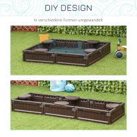 Outsunny Sandkasten mit Abdeckplane & Bodenplane, modulare Bauweise, 4 Sitze, 1,23L x 1,23B m, Braun(m-4)