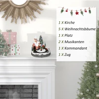 HOMCOM Weihnachtsdeko, verschneites Dorf, LED-Lichter, beweglicher Zug, 8 Lieder, 2 Modi, Harz, Mehrfarbig(m-4)