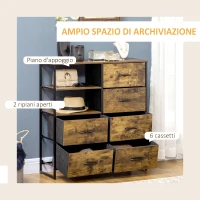 HOMCOM Cassettiera 6 Cassetti in Tessuto Pieghevoli Stile Industriale in Acciaio e Legno, 84x30x92cm, Marrone Rustico(m-4)