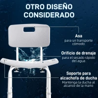 HOMCOM Taburete de Ducha Silla para Ducha con Respaldo Antideslizante Altura Regulable en 8 Niveles Carga 136 kg(m-7)