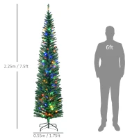 HOMCOM 7.5' Artificial Prelit Christmas Trees Holiday Décor with Colourful LED Lights, Pencil Shape, Steel Base(m-3)