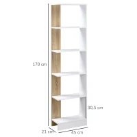 HOMCOM Bibliothèque Étagère de Rangement avec 5 Compartiments Ouverts Design Simple Moderne Idéale pour Salon Chambre Bureau 45 x 21 x 170 cm Blanc et Chêne(m-3)