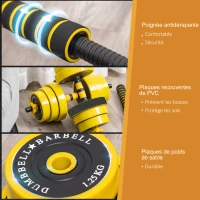 HOMCOM Banc de musculation Fitness banc d'haltérophilie dossier réglable + Ensemble d'haltères courtes ou longues 20 Kg barre d'extension incluse entraînement musculaire & haltérophilie(m-5)