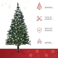 HOMCOM Albero di Natale Innevato 180cm con Bacche Decorative Bianche, Base Rimovibile Pieghevole, 603 Rami, Verde(m-4)