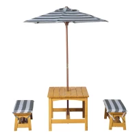 Outsunny Ensemble salon de jardin enfant 4 pièces style pique-nique - 2 bancs, table, parasol - sapin lasuré miel polyester gris blanc rayé(m-10)