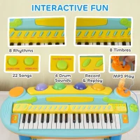AIYAPLAY 37-Key Kids Piano w/ Microphone, Stool, LED Lights, Record & Replay, Function, Blue(m-5)