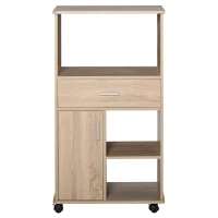 HOMCOM Carro de Cocina para Microondas Aparador de Almacenaje con 4 Ruedas y Frenos Cajón Estantes Abiertos Compartimento con Puerta 60x40x108 cm Roble(m-10)