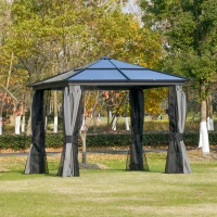 Outsunny 3 x 3(m) Hardtop Gazebo Canopy with Polycarbonate Roof, Aluminium Frame, Permanent Pavilion Garden Gazebo with Netting and Curtains for Patio, Deck, Dark Grey(m-10)