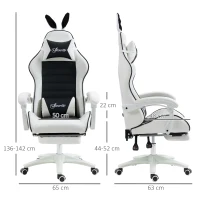Vinsetto Silla Gaming Profesional de Cuero PU con Altura Ajustable Inclinable 135° Reposacabezas 65x63x136-142 cm Negro y Blanco(m-3)