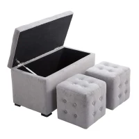HOMCOM Panca Portaoggetti Set di 3 Pezzi con 2 Sgabelli Pouf in Velluto, Grigio Perla(m-10)
