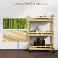 HOMCOM Estantería de Baño de Bambú de 3 Niveles Carrito Auxiliar de Almacenaje con Ruedas 55x20x75 cm Natural(m-6)