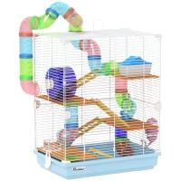 PawHut 5 Tier Hamster Cage Carrier Habitat w/ Exercise Wheels, Tunnel, Light Blue(m-10)