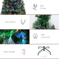 HOMCOM Árbol de Navidad 150cm Artificial Árboles con 180 Luces LED multicolor y Estrella Decorativa Brillante Árbol con Soporte Fibra Óptica(m-9)