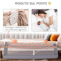 HOMCOM Sponda Letto per Bambini da 18 Mesi, Barriera di Sicurezza Universale Anticaduta con Tessuto a Rete, 150x40x60cm, Grigio(m-7)