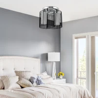 HOMCOM Plafonnier 2 lampes design contemporain filaire dim. Ø47 x 33H cm métal chromé verre toile noir(m-2)