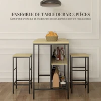 HOMCOM Ensemble table de bar et 2 tabourets style industriel avec étagère de rangement, repose-pieds, métal noir et aspect bois(m-4)