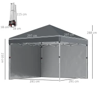 Outsunny Faltpavillon, 2 Seitenwände, höhenverstellbar, mit Transporttasche, rostfreies Stahlgestell, 3x3 m, Dunkelgrau(m-3)