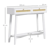 HOMCOM Consola Recibidor Mesa de Entrada con 2 Cajones de Diseño de Ratán y Estante Abierto para Pasillo 100x30x81 cm Blanco(m-3)