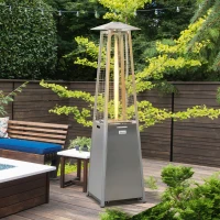 Outsunny 11.2KW Outdoor Patio Gas Heater Stainless Steel Pyramid Propane Heater Garden Freestanding Tower Heater with Wheels, Dust Cover, Regulator and Hose, Silver(m-10)