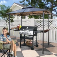 Outsunny Tonnelle jardin 2,4 x 1,5 m - abri barbecuesteakhouse 2 étagères, toit de barbecue alu. métal noir toit polycarbonate(m-7)