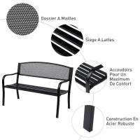 Outsunny Banc 3 Places de Jardin terrasse Style Contemporain 127L x 60l x 87H cm métal époxy anticorrosion Noir(m-4)
