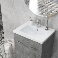 kleankin Mueble de Baño con Lavabo Cerámico Armario Bajo de Lavabo de Pared con 2 Puertas Estante Ajustable 60x45,5x60 cm Gris(m-9)