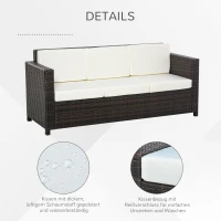 Outsunny Poly-Rattan Sofa mit Kissen 3-Sitzer Garten Loungesofa Metall Polyester Braun+Weiß 185 x 70 x 80 cm(m-5)