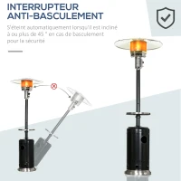 Outsunny Chauffage de terrasse à gaz 13 Kw 30 m² et IP44 chauffage radiant avec roues de transport étagère et protection contre le renversement détendeur et tuyau de gaz fournis alu et acier noir(m-5)