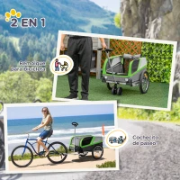 PawHut Remolque de Bicicleta para Perros 2 en 1 Carrito para Mascotas con Enganche Cubierta Enrollable Cinturón de Seguridad Bandera y Reflectores 130x64x97 cm Gris y Verde(m-4)