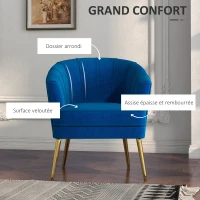 HOMCOM Fauteuil en velours chaise salon avec pieds acier doré fauteuil relax de salon arrondi 71 x 72 x 75 cm bleu(m-4)