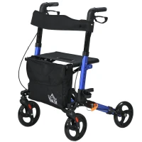 HOMCOM 4 Wheel Rollator with Seat and Back, Folding Mobility Walker with Carry Bag, Adjustable Height, Dual Brakes, Cane Holder, Lightweight Aluminium Walking Frame for Seniors and Disabled, Blue(m-11)