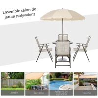 Outsunny Ensemble Salon de Jardin 6 pcs - Table Ronde + 4 chaises Pliables + Parasol - Acier époxy café textilène Polyester Beige(m-7)