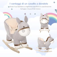 HOMCOM Cavallo a Dondolo per Bambini 18-36 Mesi, Cavalluccio a Dondolo a Forma di Asino con Suoni Realistici in Legno di Pioppo e Peluche, Grigio(m-5)