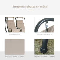 Outsunny Balancelle de Jardin 2 Places indépendantes 2 tablettes Supports Coussins Assise Dossier Grand Confort 1,7L x 1,36l x 1,7H m Acier Noir Polyester Beige(m-5)