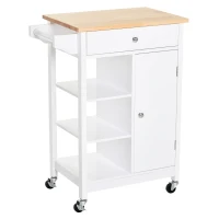 HOMCOM Carrito de Cocina Carro Auxiliar con Ruedas 1 Cajón 1 Armario 3 Estantes Abiertos de Almacenamiento para Comedor 66x39,5x86,5 cm Blanco(m-1)