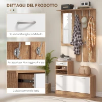 HOMCOM Mobile Appendiabiti 3 in 1 con Scarpiera e Specchio, Ganci e Cassetti, in Legno, 90x24x177 cm, Bianco e Noce(m-5)