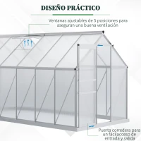 Outsunny Invernadero Policarbonato Aluminio de Jardín 190x375x199 cm 7,1m² Caseta de Exterior con Base Puerta Corredera y 2 Tragaluces para Cultivo Plantas Semillas Transparente(m-5)