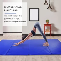 HOMCOM Tapis de sol gymnastique Fitness pliable portable rembourrage mousse 5 cm grand confort revêtement synthétique dim. 2,45L m x 1,15l m bleu(m-6)