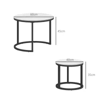 HOMCOM Glass Coffee Table Set of 2, Round Nest of Tables with Marble-Effect Tempered Glass Tabletop and Steel Frame, Modern Side Tables for Living Room, White(m-3)