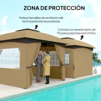 Outsunny Cenador de Jardín 3,4x3,4 m Gazebo con Protección UV Ventanas de Estilo Iglesia Cortinas y Techo Ventilado Beige(m-5)