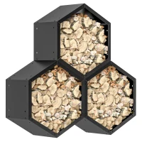 Outsunny Fireplace Log Rack, Steel Firewood Log Holder, 3 Hexagon Boxes, Indoor Outdoor Wood Storage Shelf, 113 x 37 x 113cm, Black(m-1)