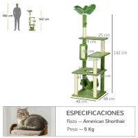 PawHut Árbol Rascador para Gatos Grandes de 142 cm con Postes de Sisal Hamaca Hojas y Bola de Juguete 49x49x142 cm Verde(m-3)